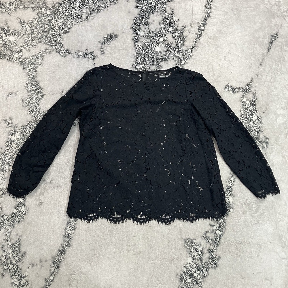 Club Monaco Women's Sz M Black Floral Lace Long Sleeve Blouse Top Scallop Hem